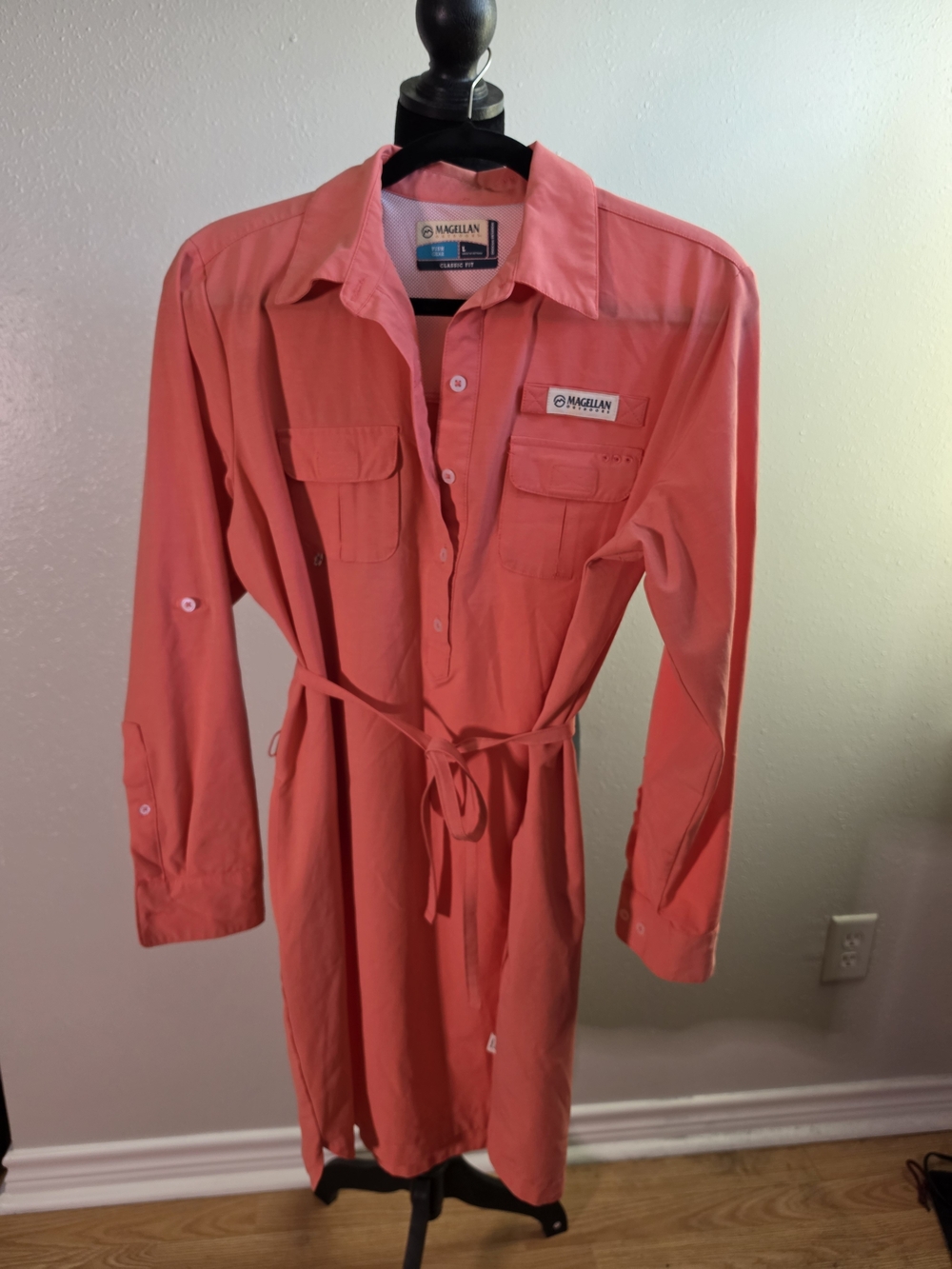 Magellan Coral Utility Shirt Midi Dress with Waist Tie